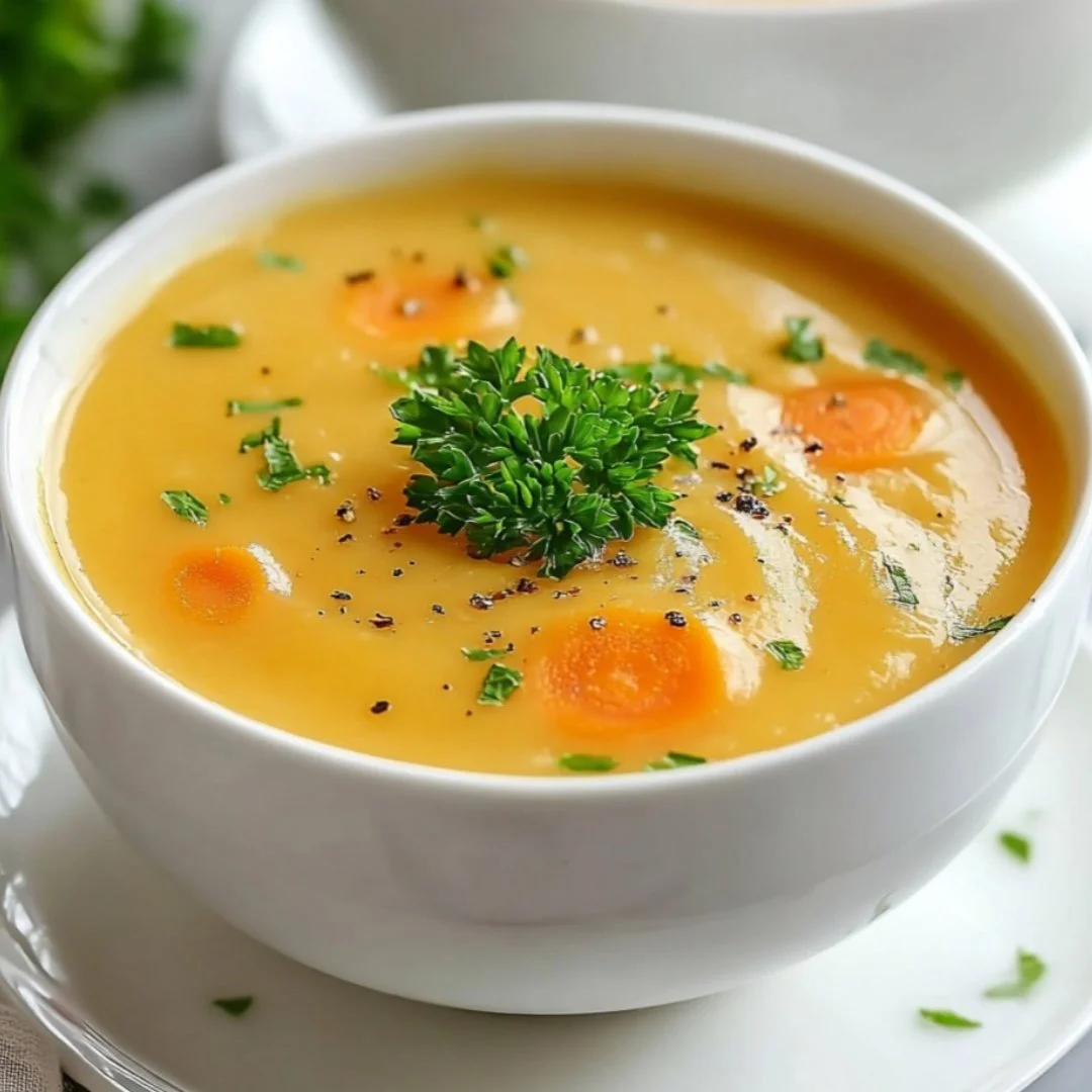 Delicious bowl of creamy potato carrot soup topped with fresh herbs