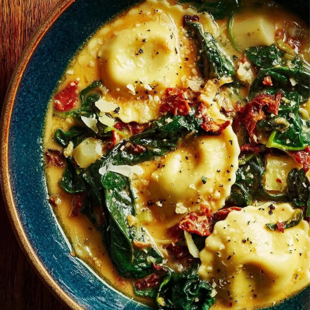 Bowl of creamy sun-dried tomato ravioli soup with fresh basil garnish