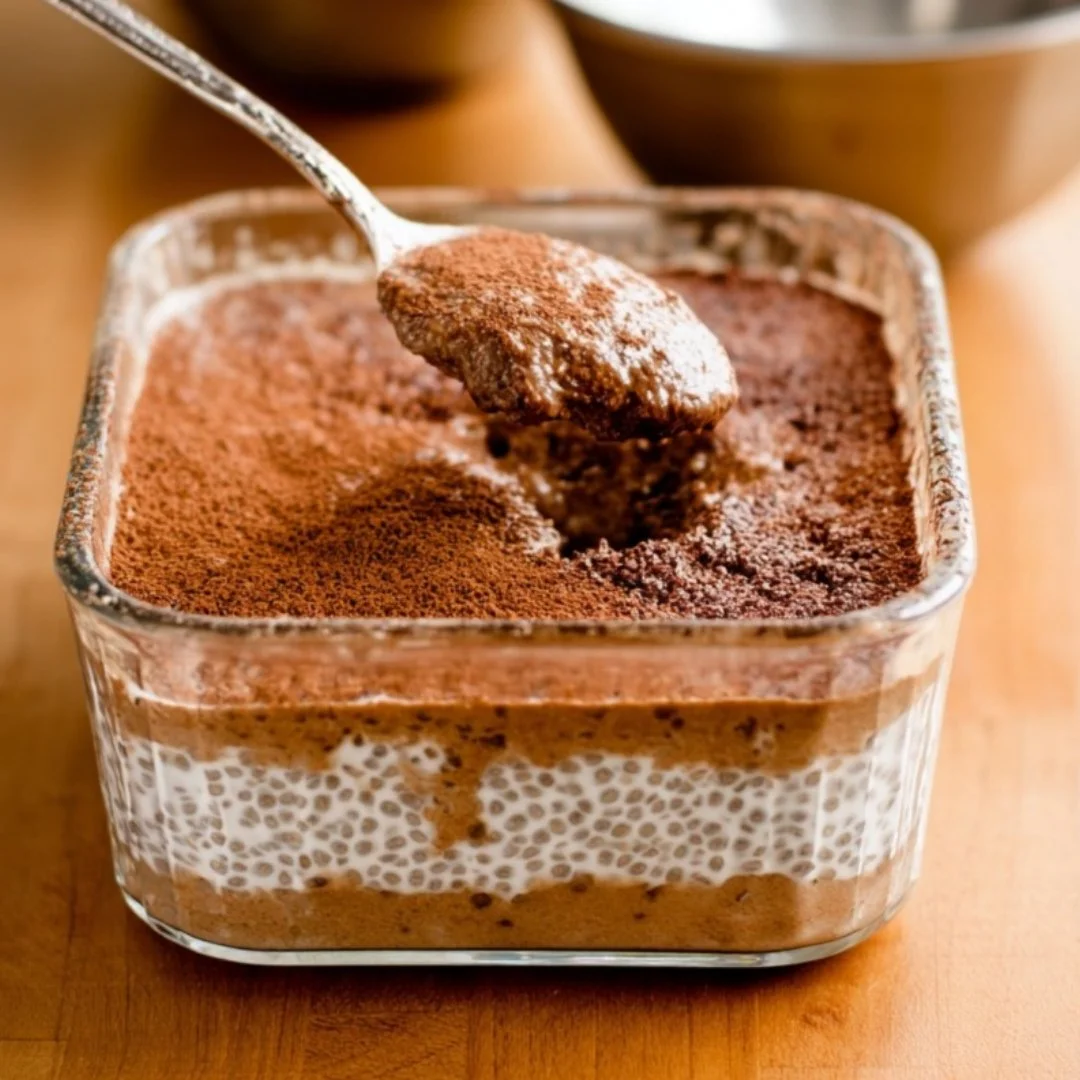 Deliciously creamy tiramisu chia seed pudding topped with cocoa and coffee.