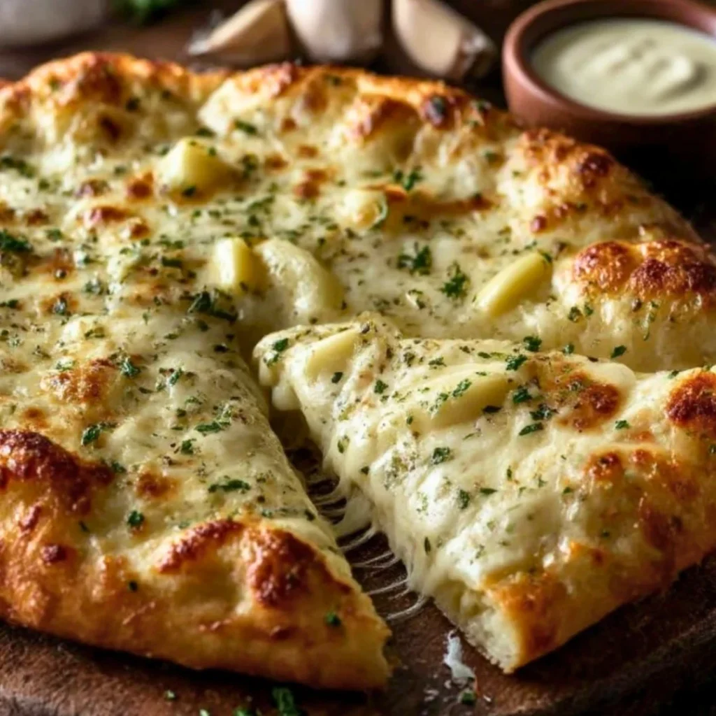 Creamy white garlic pizza sauce in a bowl ready for pizza