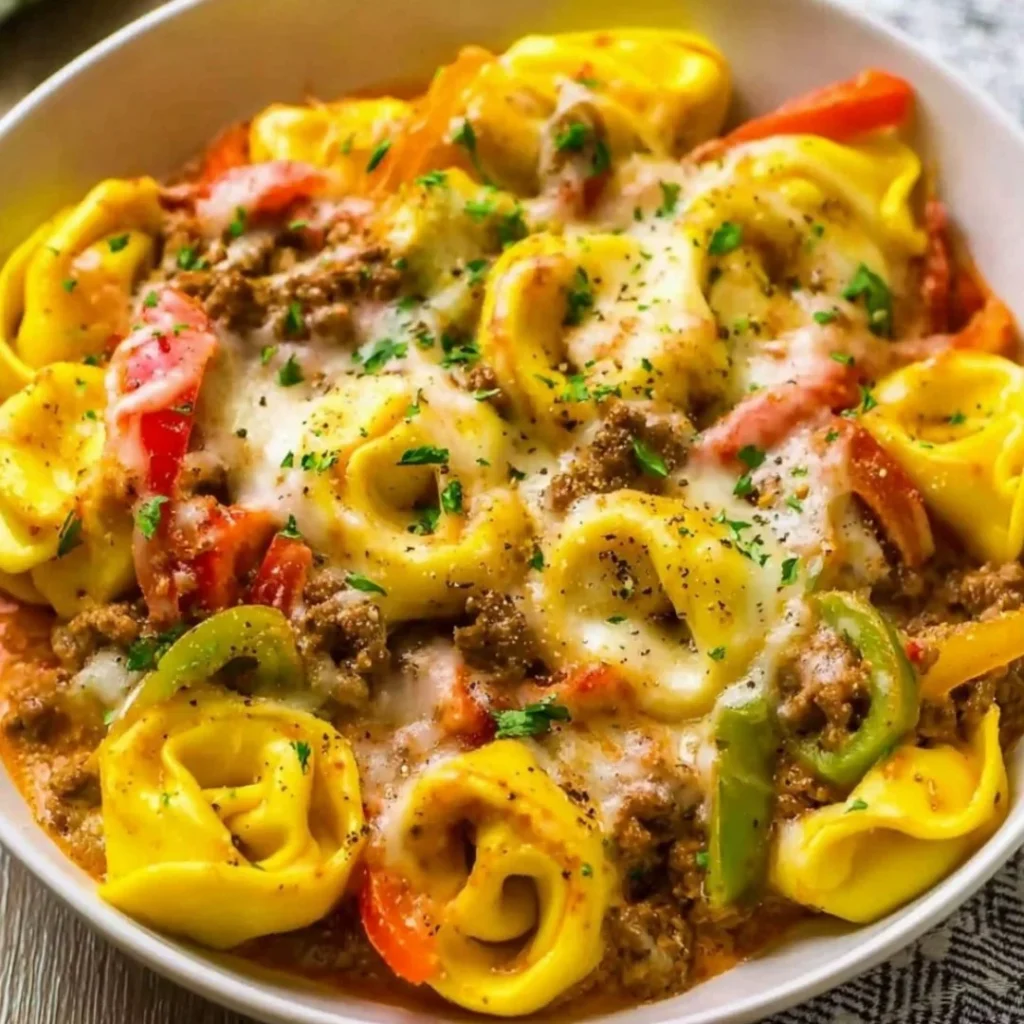 Delicious crock pot cheesesteak tortellini served in a bowl