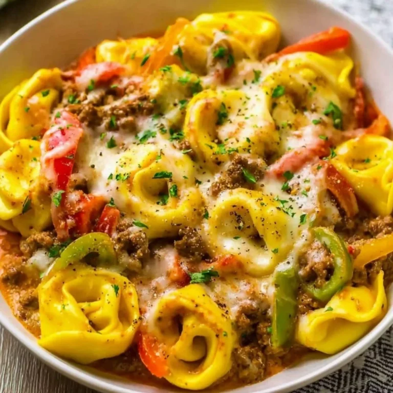Delicious crock pot cheesesteak tortellini served in a bowl