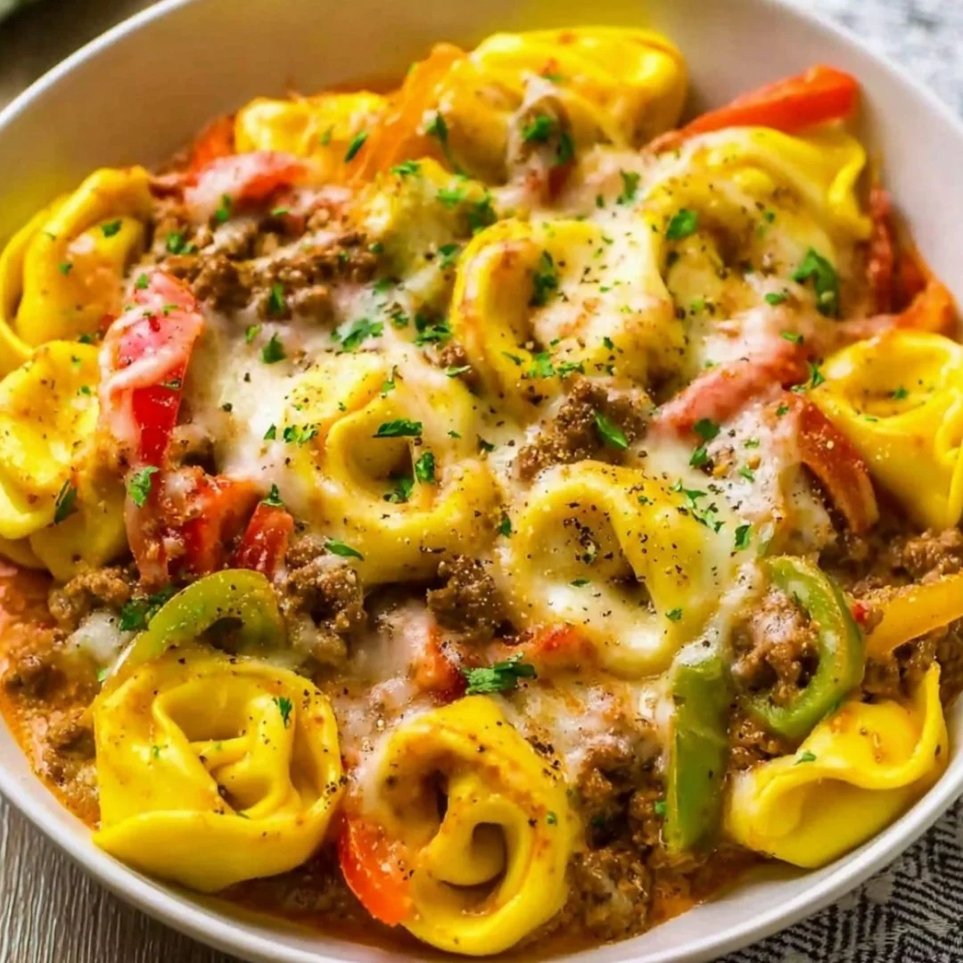 Delicious crock pot cheesesteak tortellini served in a bowl
