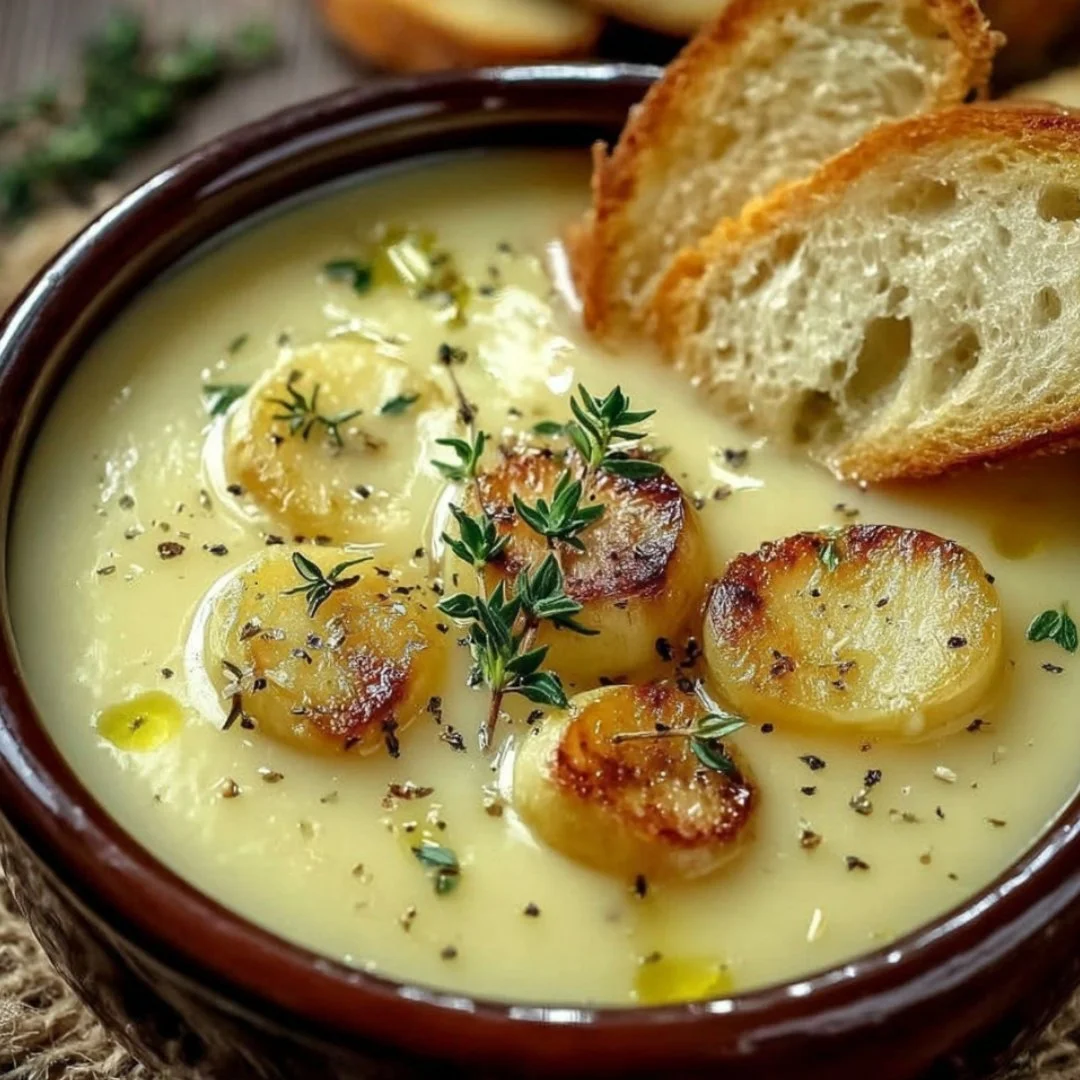 Bowl of delicious country French garlic soup garnished with herbs