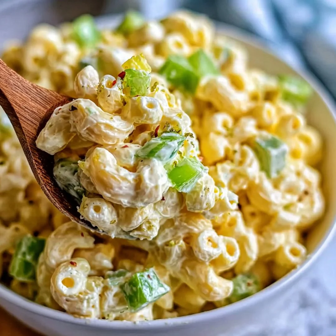 Dolly Parton's macaroni salad in a bowl, perfect for picnics and gatherings.