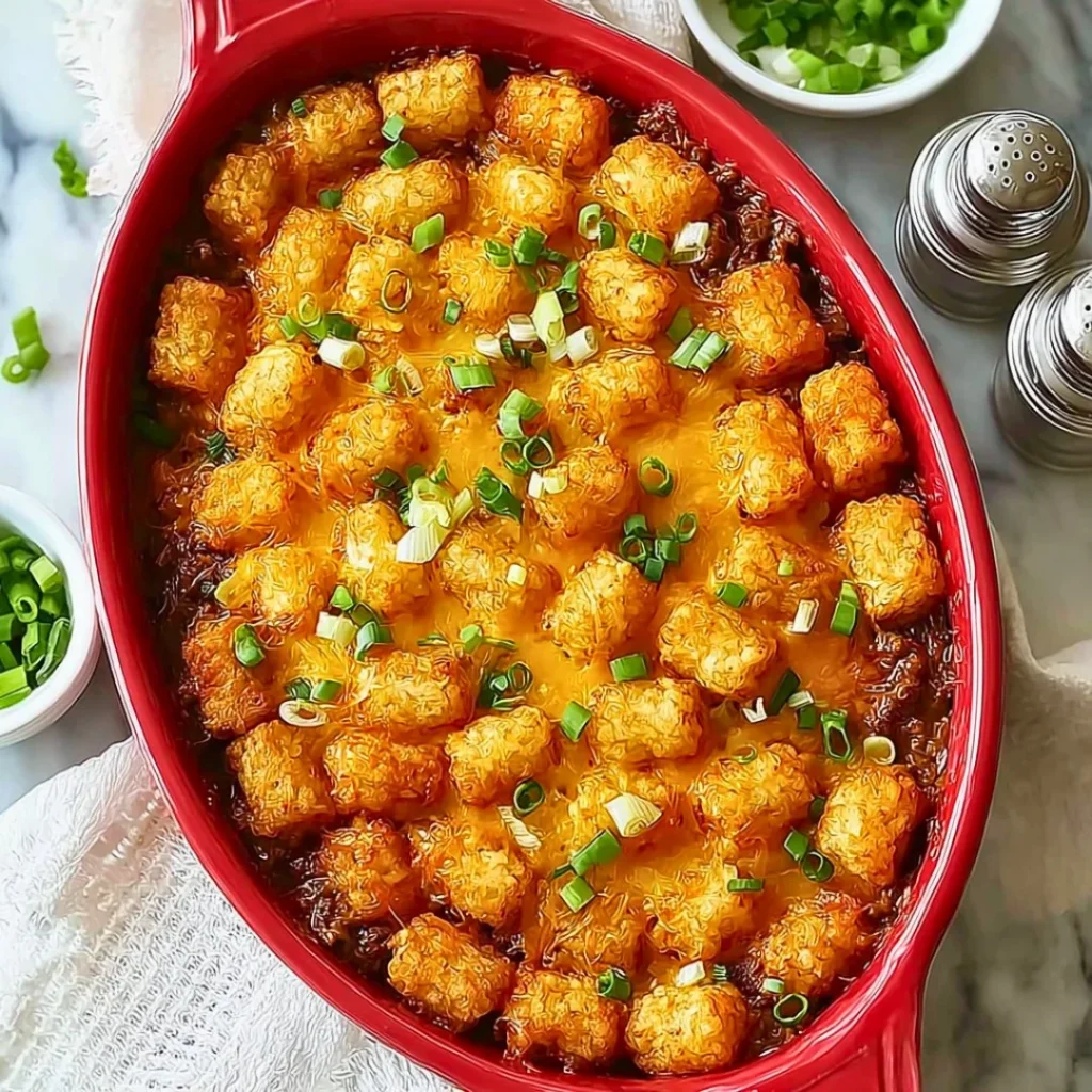 Delicious BBQ Tater Tot Casserole topped with melted cheese and ground beef