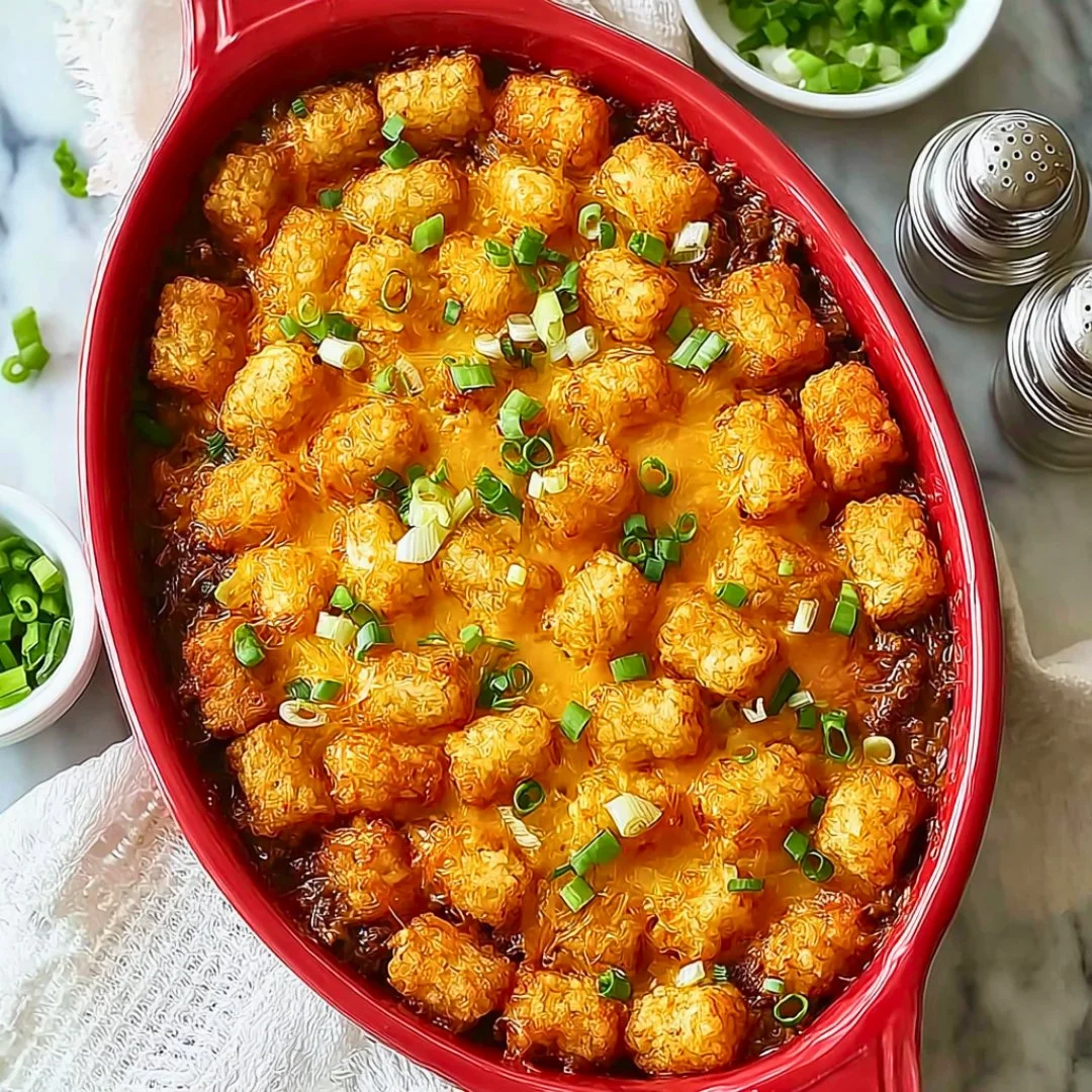 Delicious BBQ Tater Tot Casserole topped with melted cheese and ground beef