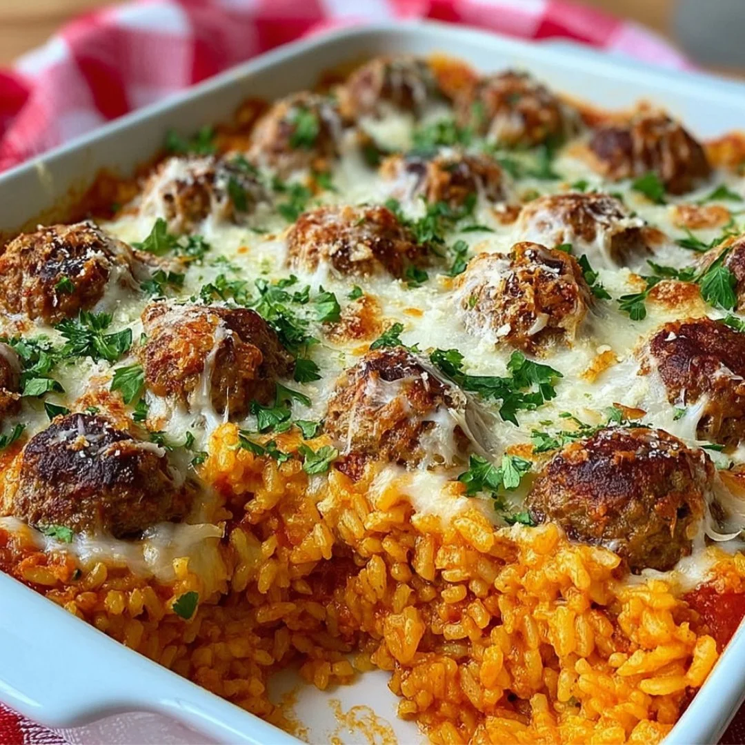 Delicious cheesy meatball rice casserole fresh out of the oven
