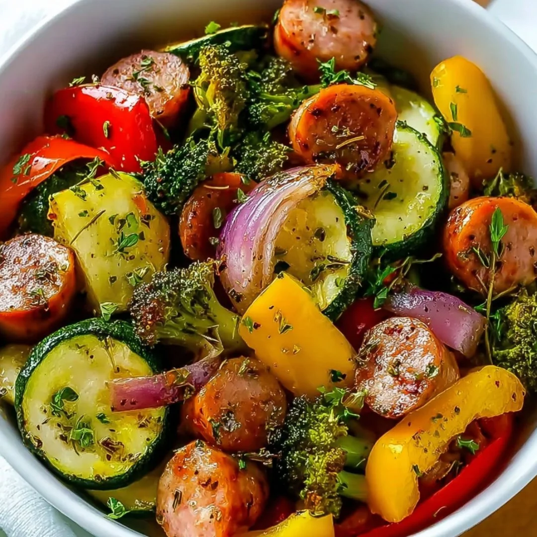 Easy Chicken Sausage and Veggies Sheet Pan recipe with colorful vegetables