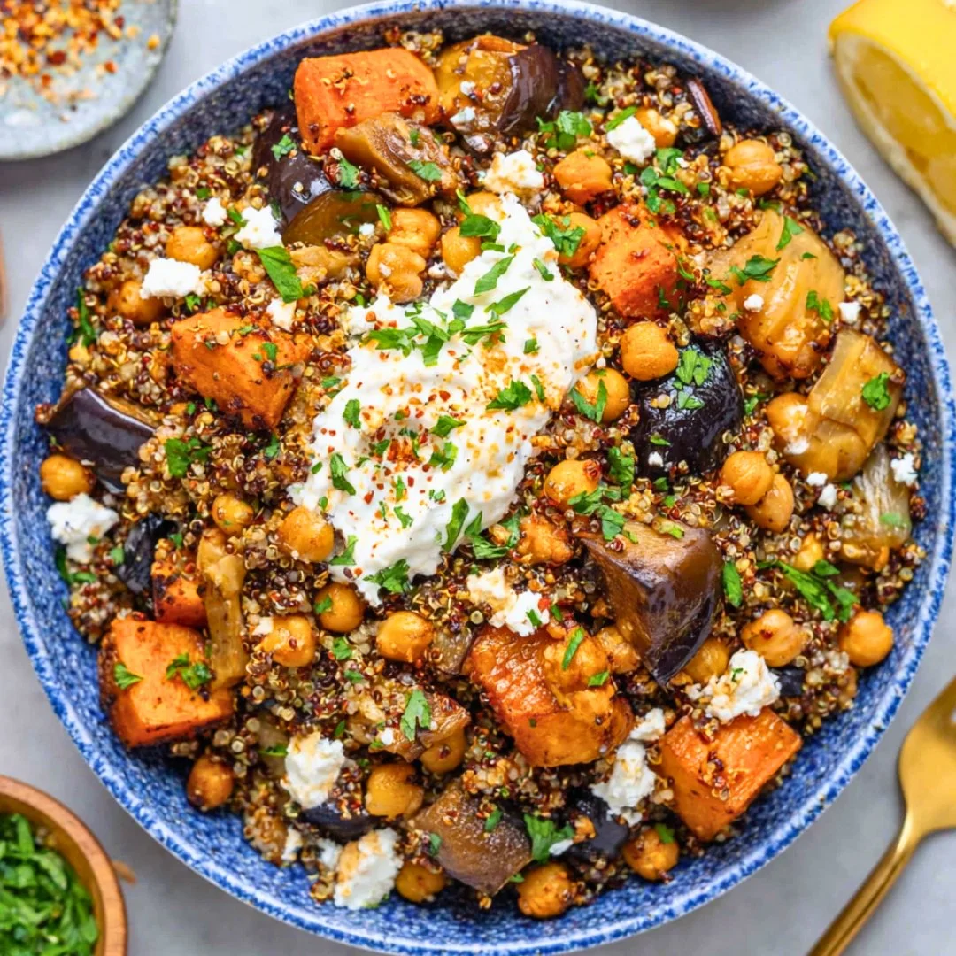 Chickpea Shawarma Bowl with roasted vegetables in a vibrant bowl