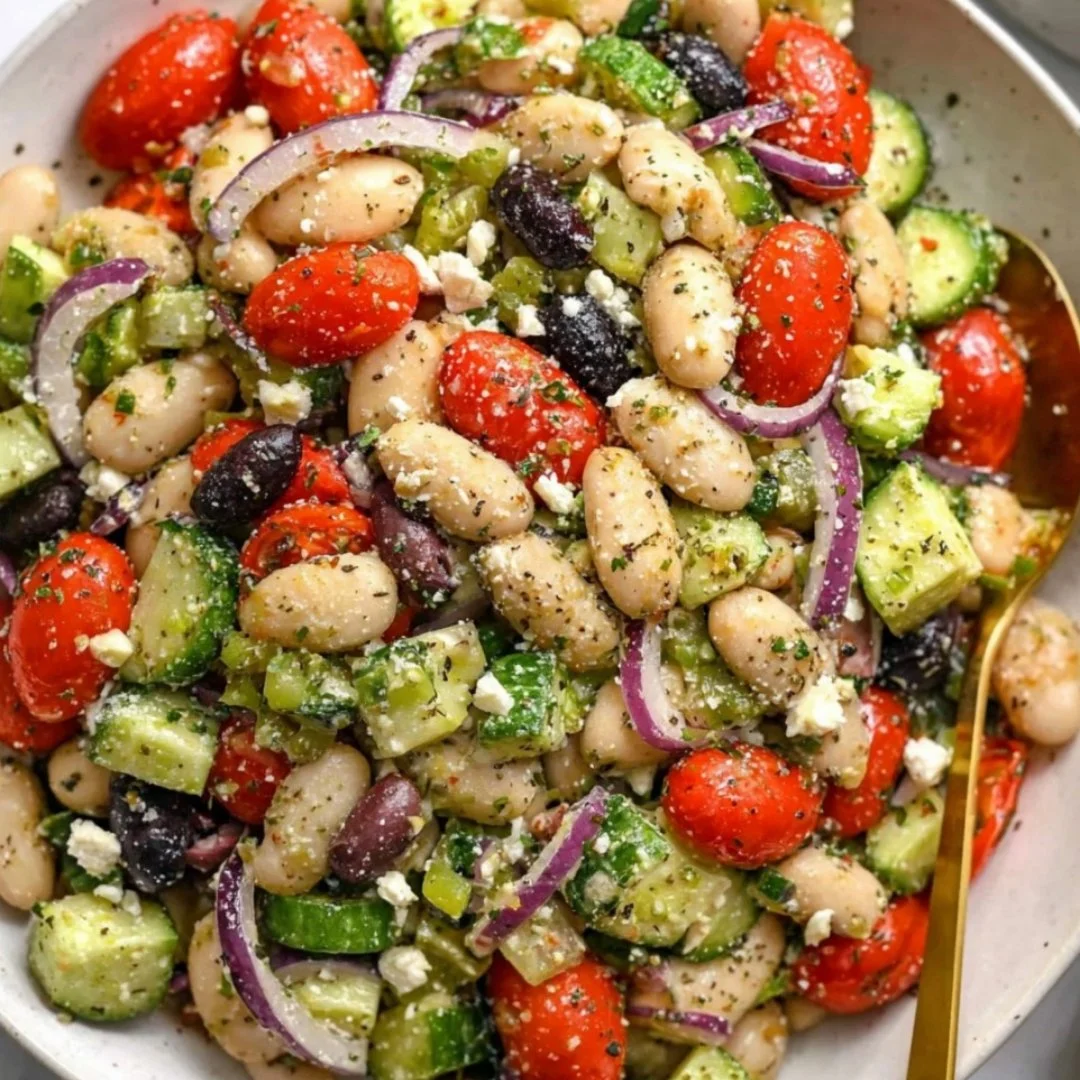 Easy Greek Bean Salad with marinated beans, herbs, and fresh vegetables