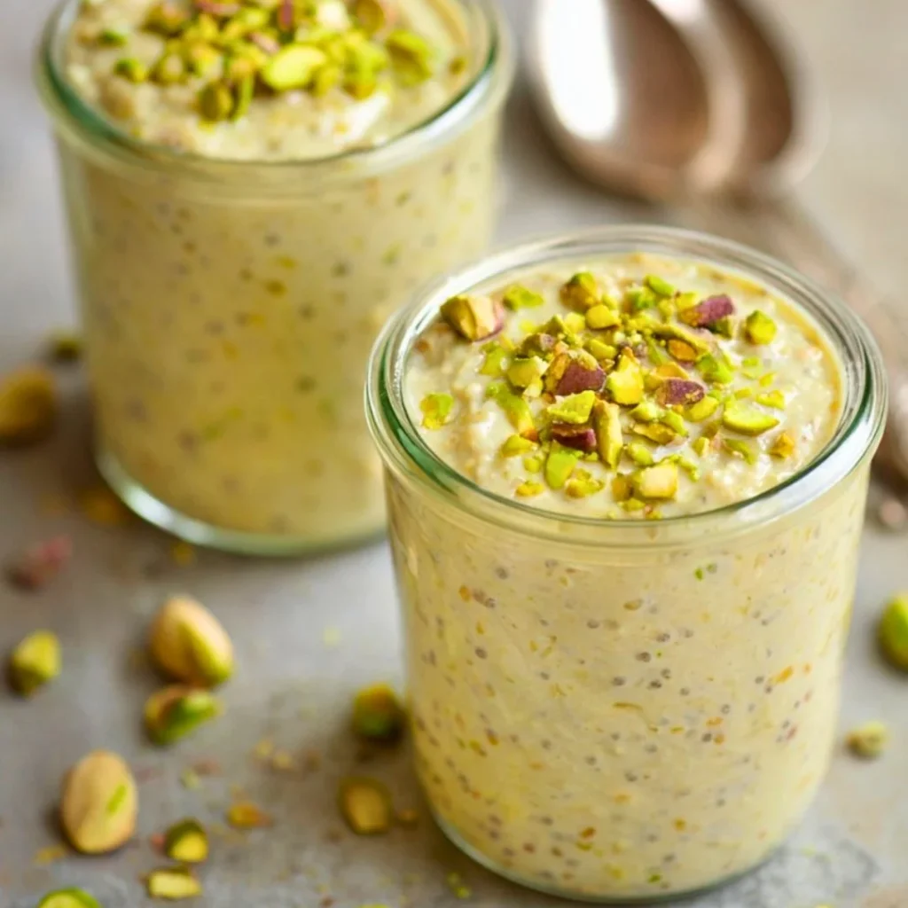 Bowl of easy pistachio overnight oats topped with nuts and fruit