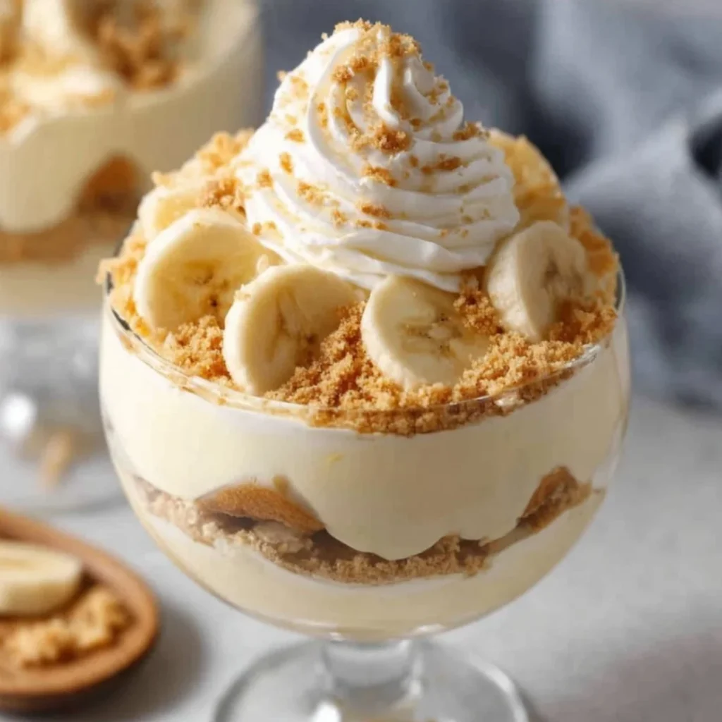 Bowl of Easy Protein Banana Pudding topped with banana slices and nuts