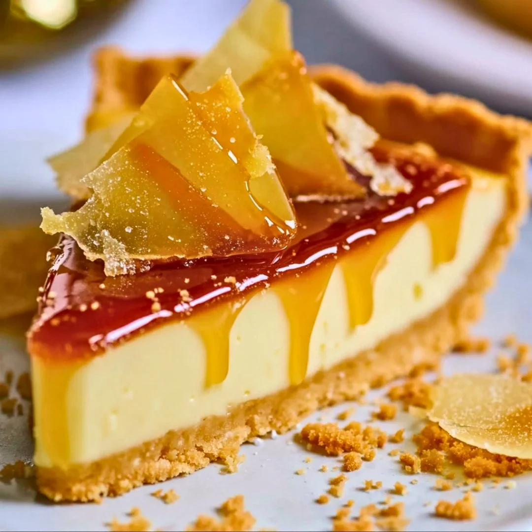 Delicious eggnog crème tart topped with caramel shards on a festive plate.