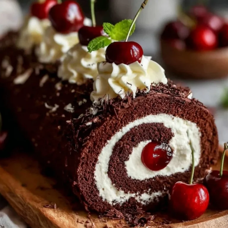 Elegant Black Forest Cake Roll decorated with chocolate and cherries.