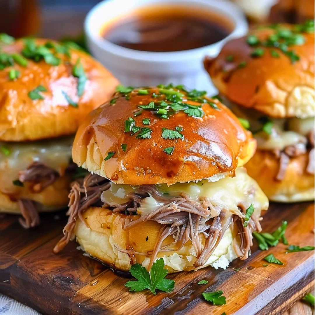French Dip Sliders with juicy beef and savory au jus for dipping