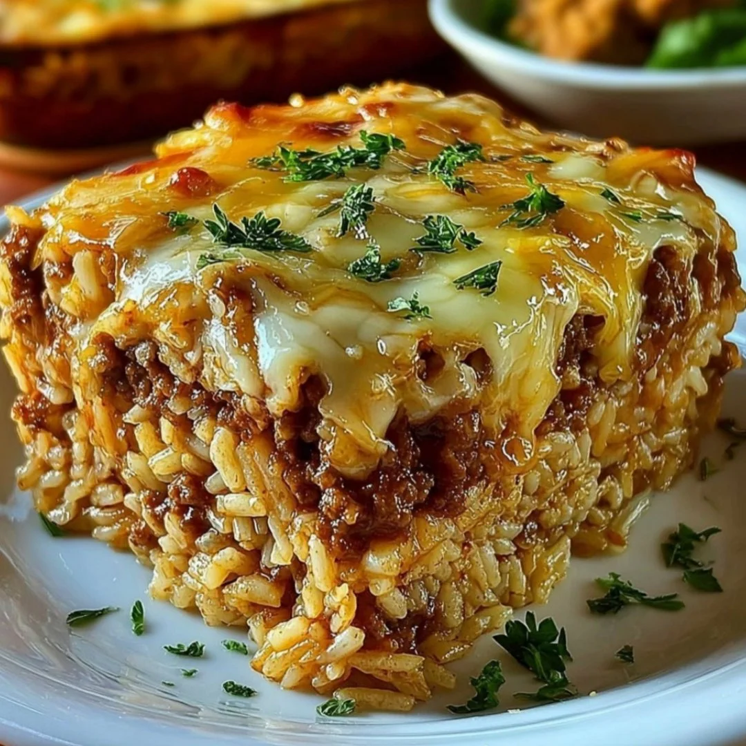 Delicious French onion ground beef rice casserole in a baking dish.