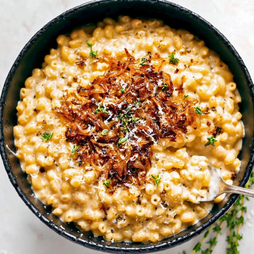 Creamy French Onion Mac & Cheese topped with crispy onions and cheese