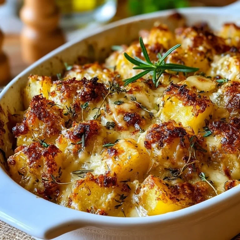 Delicious French onion potato bake topped with cheese and herbs