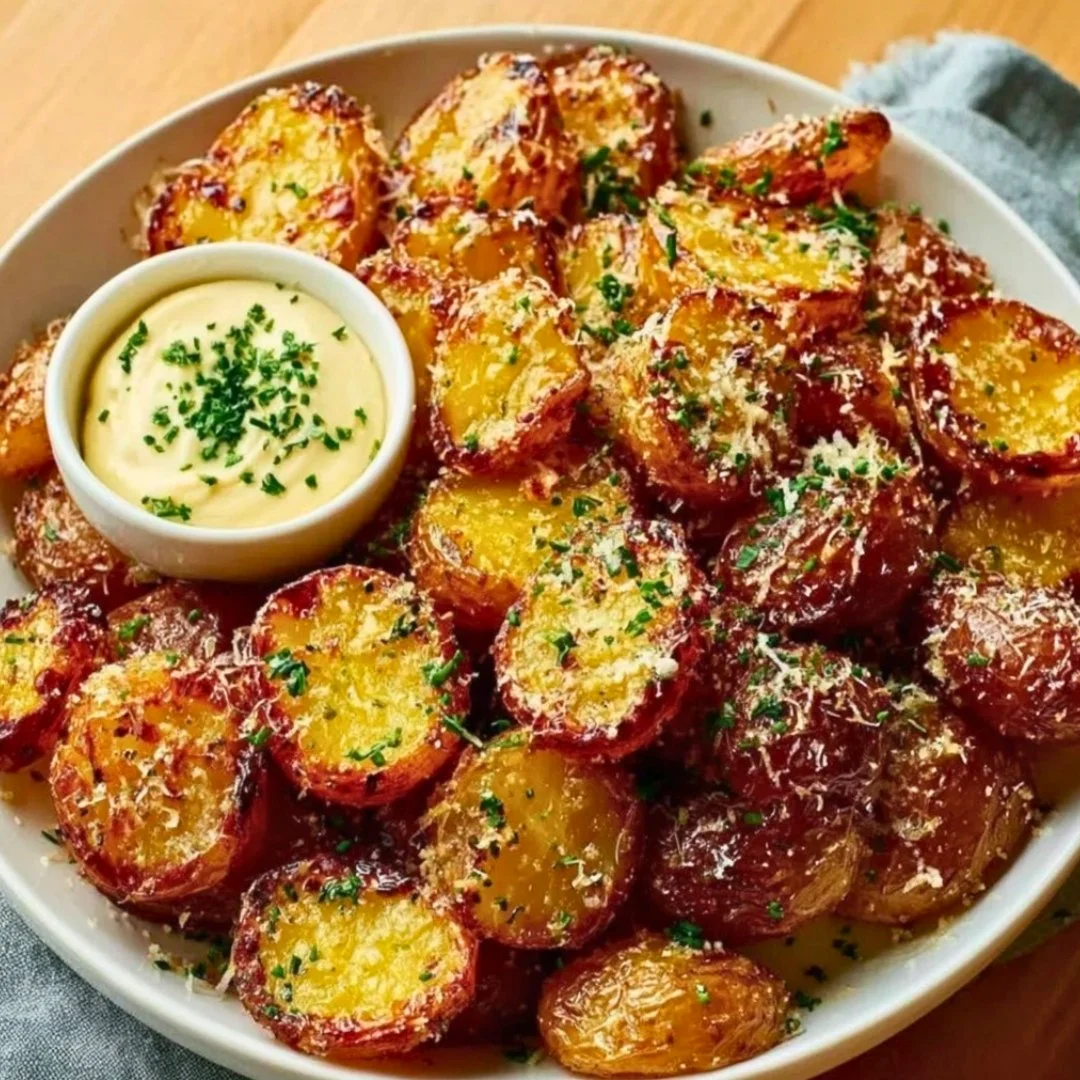 Delicious Garlic Parmesan Roasted Potatoes, crispy and golden brown