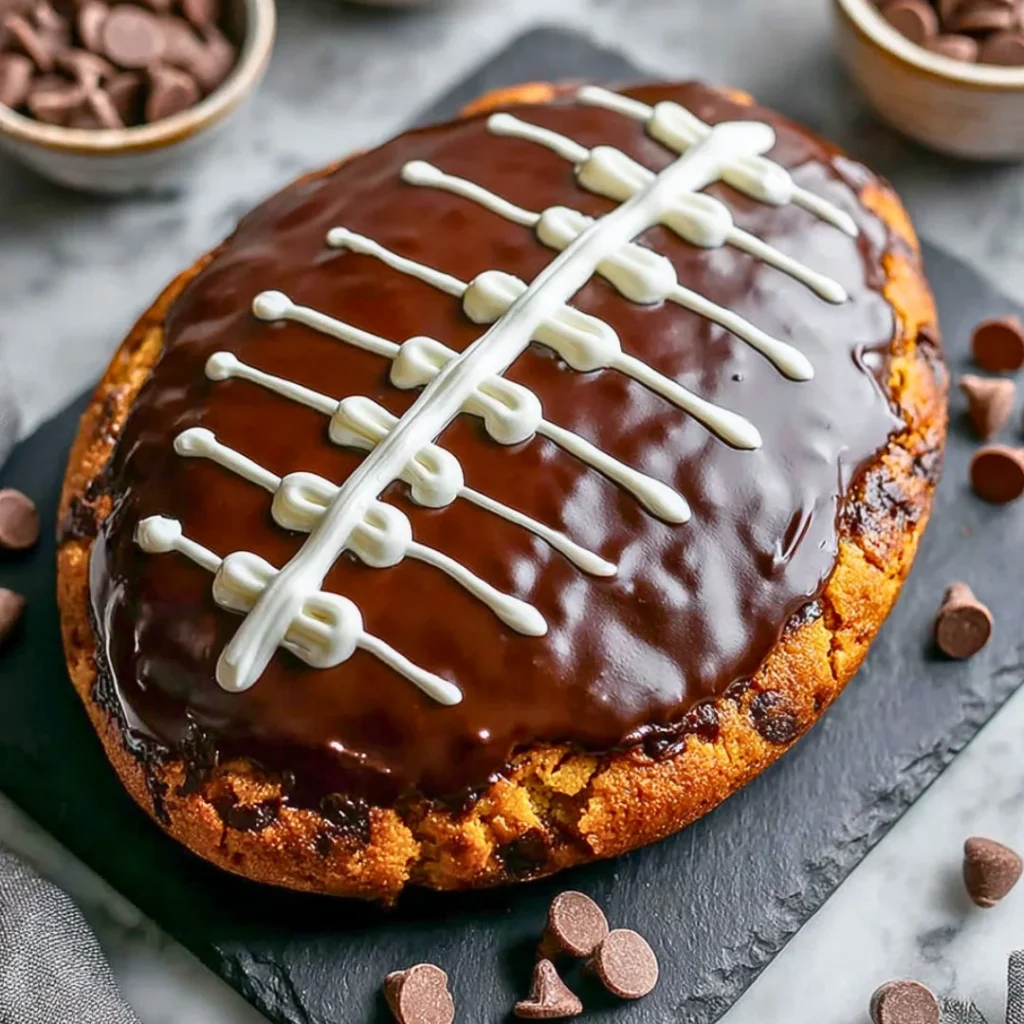 Giant Football Cookie Cake decorated for sports celebrations