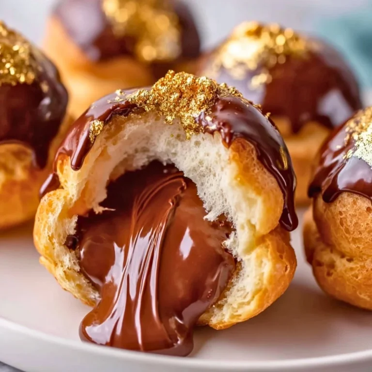 Gold-dusted chocolate profiteroles topped with chocolate glaze and cocoa powder