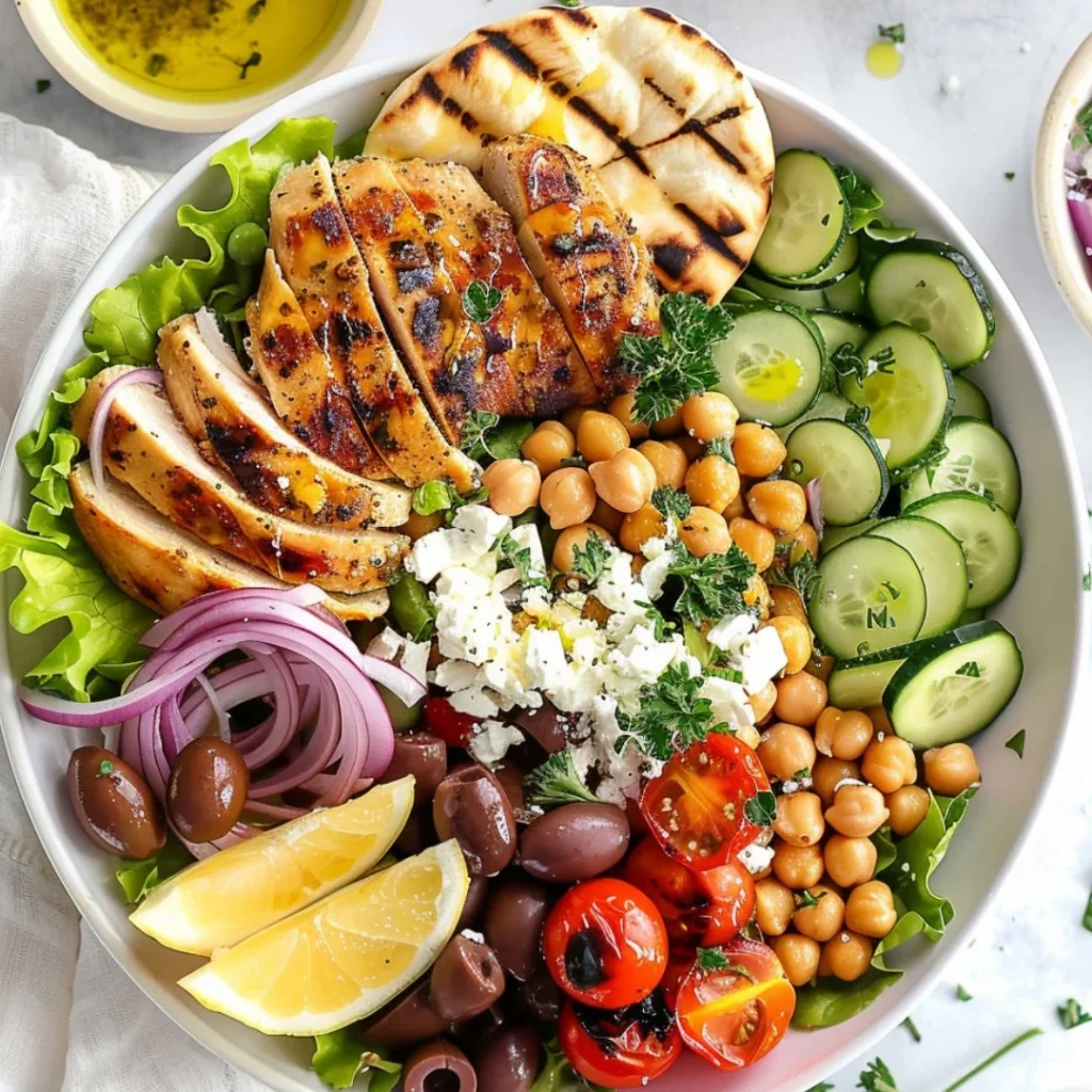 Delicious Greek Chicken Bowl with fresh vegetables and flavorful spices.
