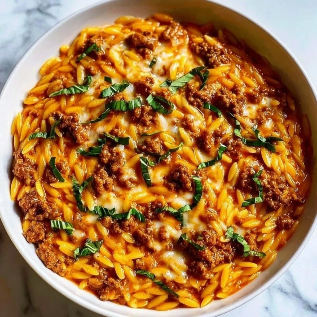 Creamy ground beef orzo with tomato cream sauce served in a bowl