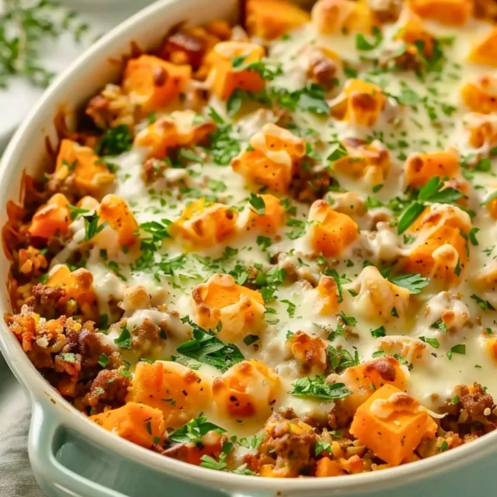 Ground Turkey and Sweet Potato Casserole topped with cheese and herbs