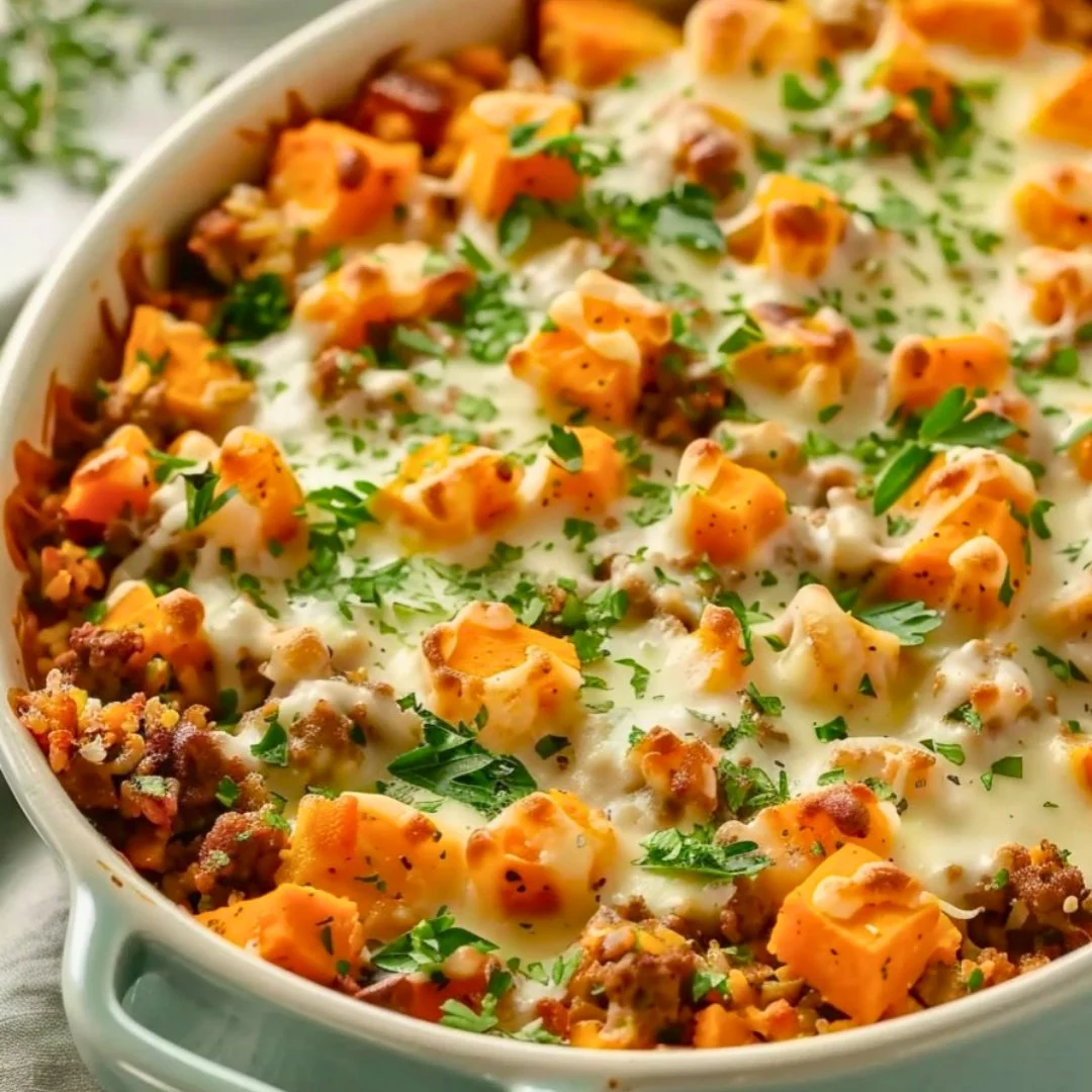 Ground Turkey and Sweet Potato Casserole topped with cheese and herbs