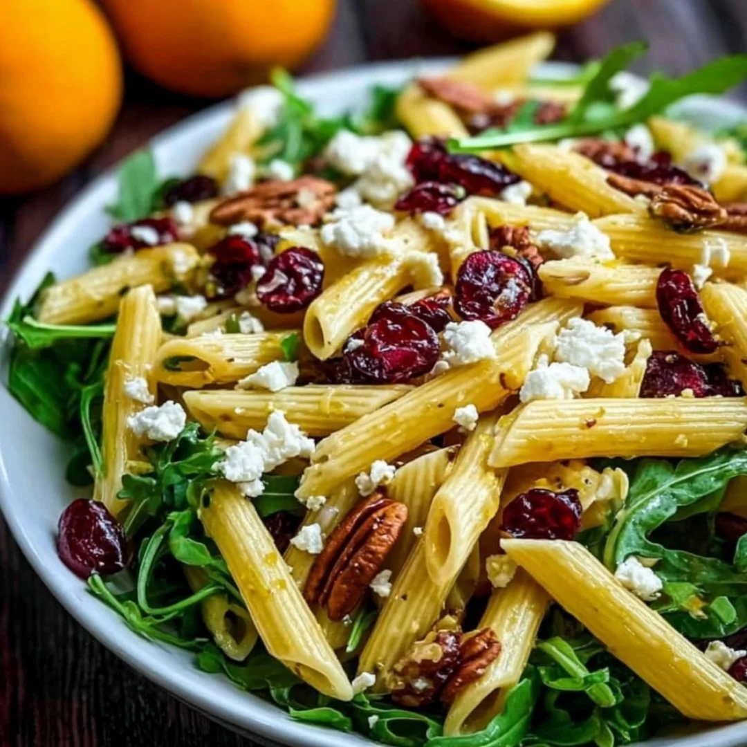 Healthy Feta Cranberry Penne Salad with orange vinaigrette in a bowl.