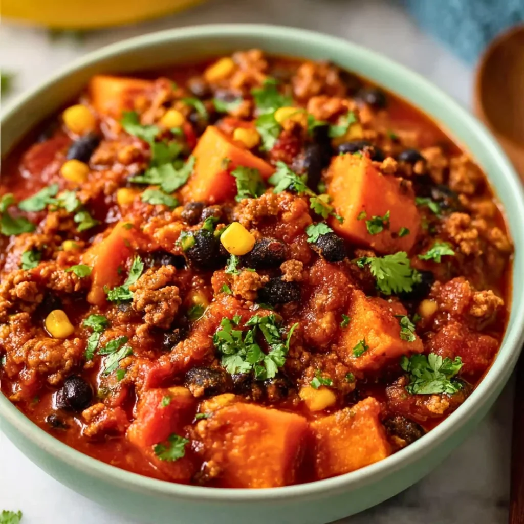Healthy ground turkey and sweet potato chili in a bowl garnished with herbs