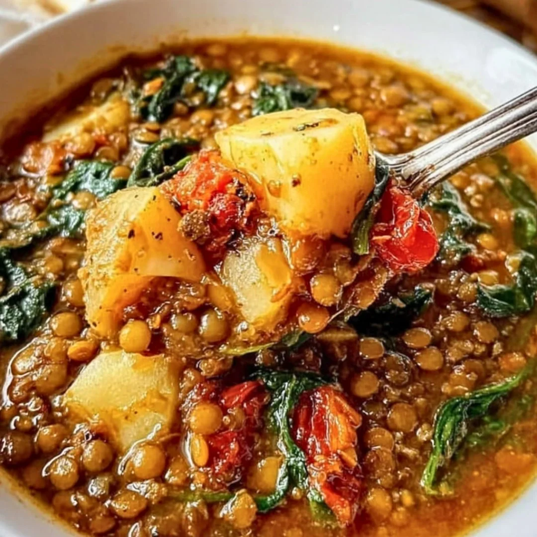 Bowl of hearty lentil soup with fresh herbs and vegetables