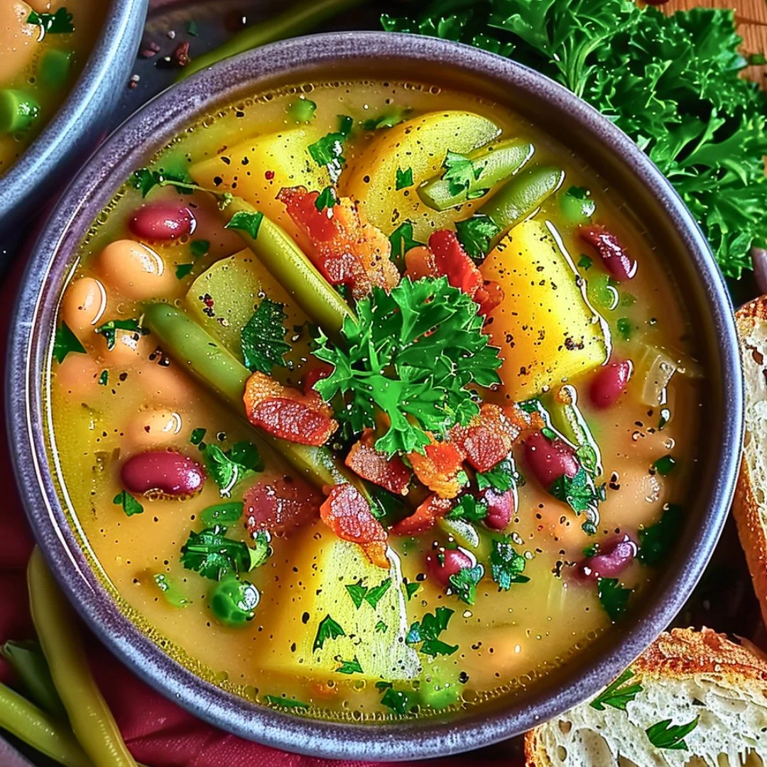 Bowl of homemade German Bean Soup garnished with fresh herbs.