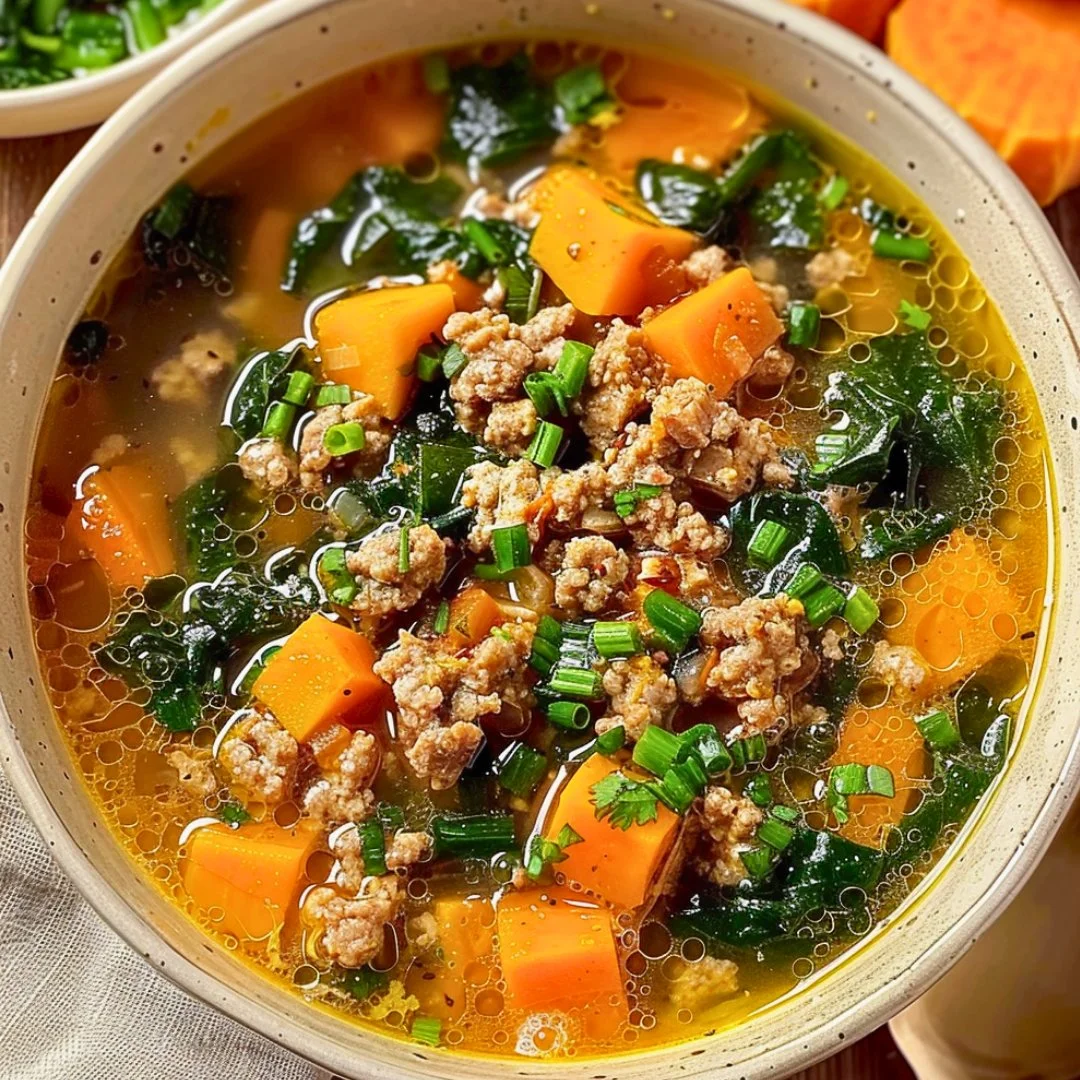 Bowl of homemade ground turkey and sweet potato soup garnished with herbs