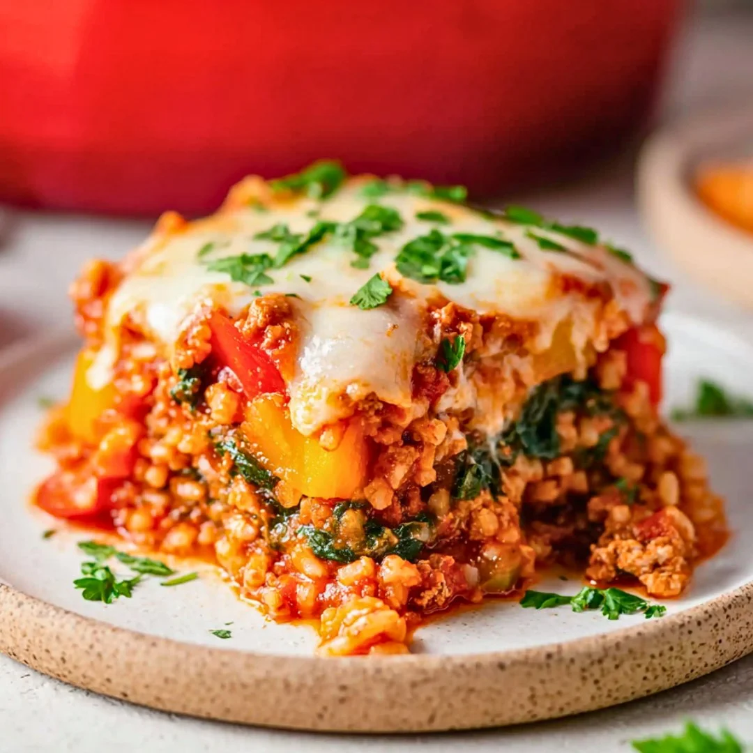 Homemade ground turkey stuffed peppers casserole served in a baking dish