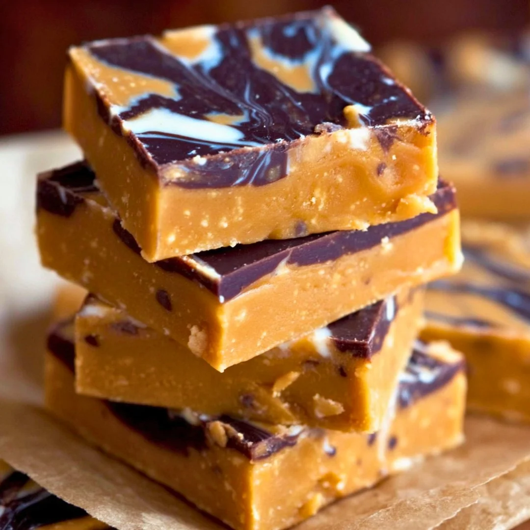 Homemade peanut butter fudge bars served on a white plate