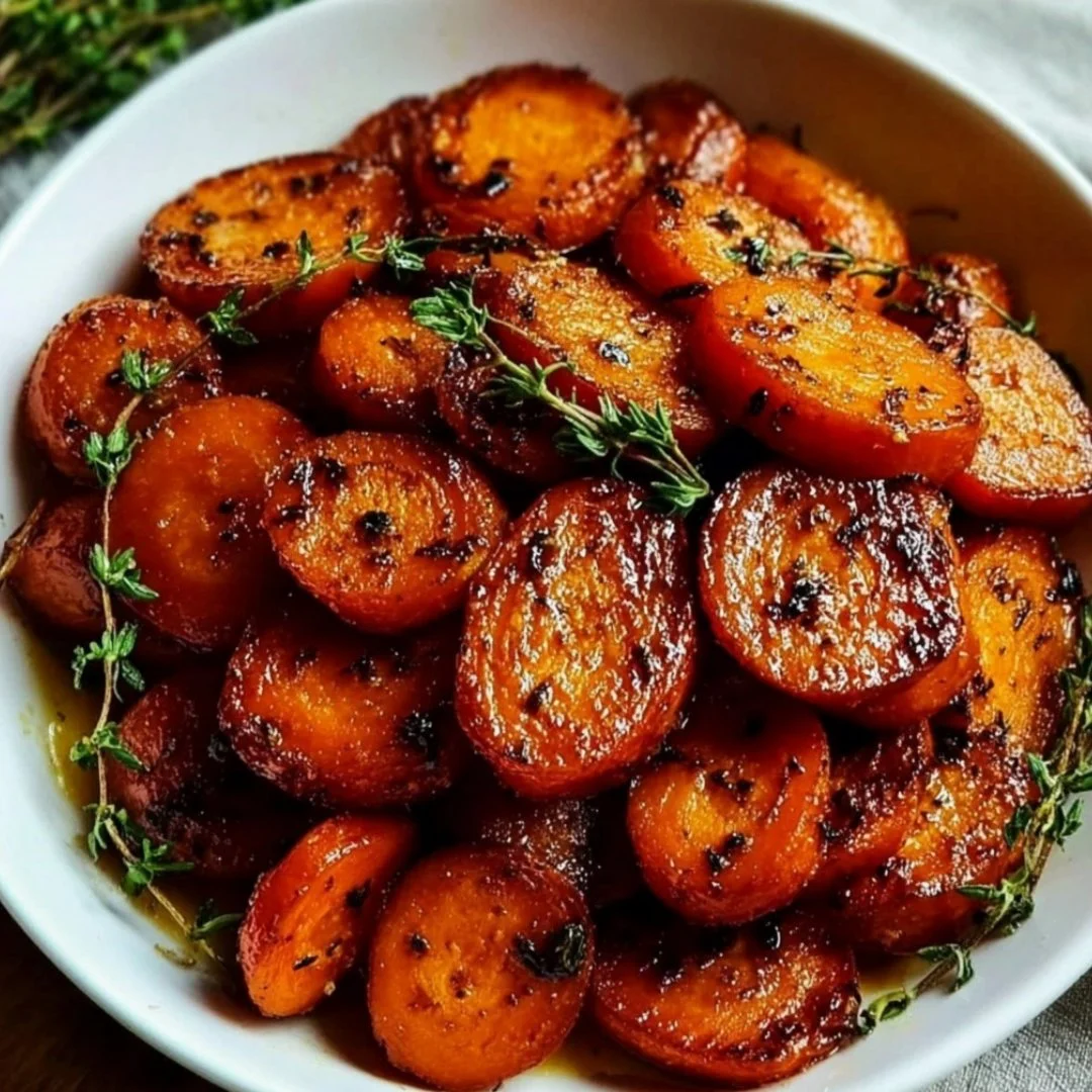 Honey roasted carrots seasoned with thyme and baked to perfection.