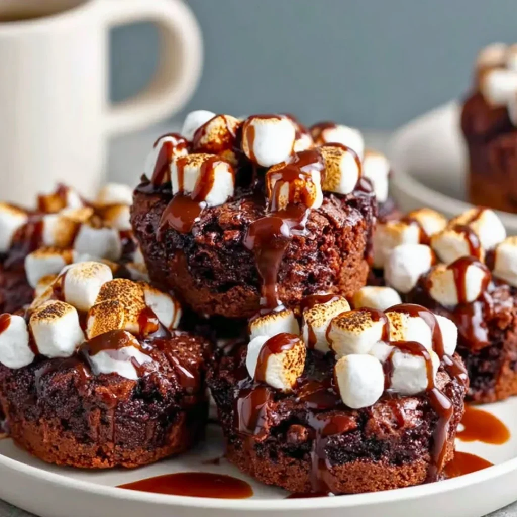 Delicious hot cocoa brownie bites topped with marshmallows and chocolate drizzle