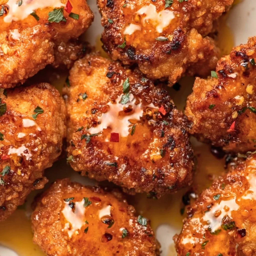 Delicious hot honey chicken cutlets served with vegetables.