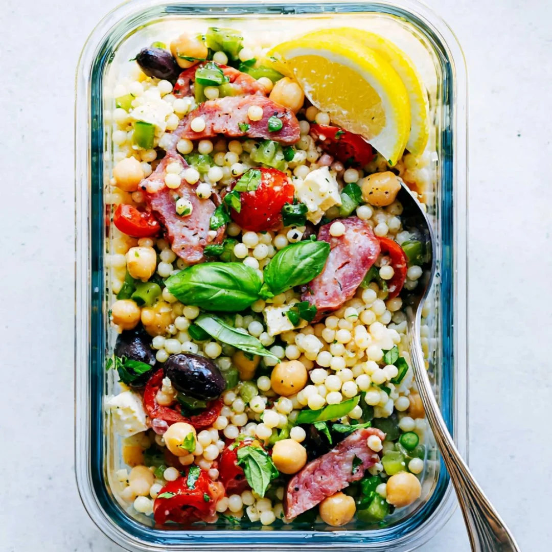 Italian Couscous Salad with colorful vegetables and herbs