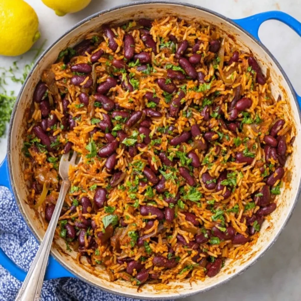 Delicious Kidney Beans and Rice Skillet with Shawarma Spices ready to be served