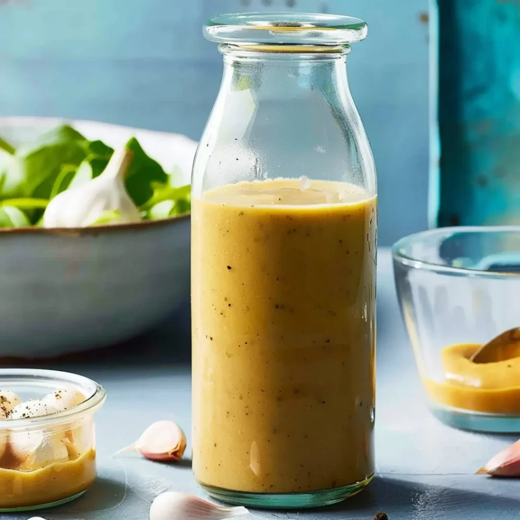 Bowl of homemade Lemon-Garlic Vinaigrette dressing with fresh ingredients.
