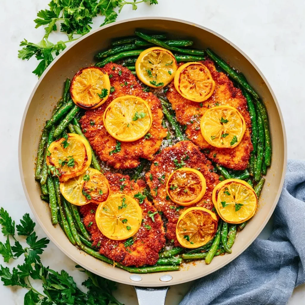 Plate of Lemon Parmesan Chicken garnished with herbs and lemon slices