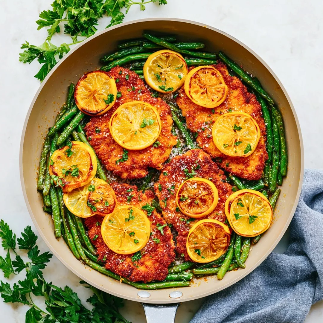 Plate of Lemon Parmesan Chicken garnished with herbs and lemon slices