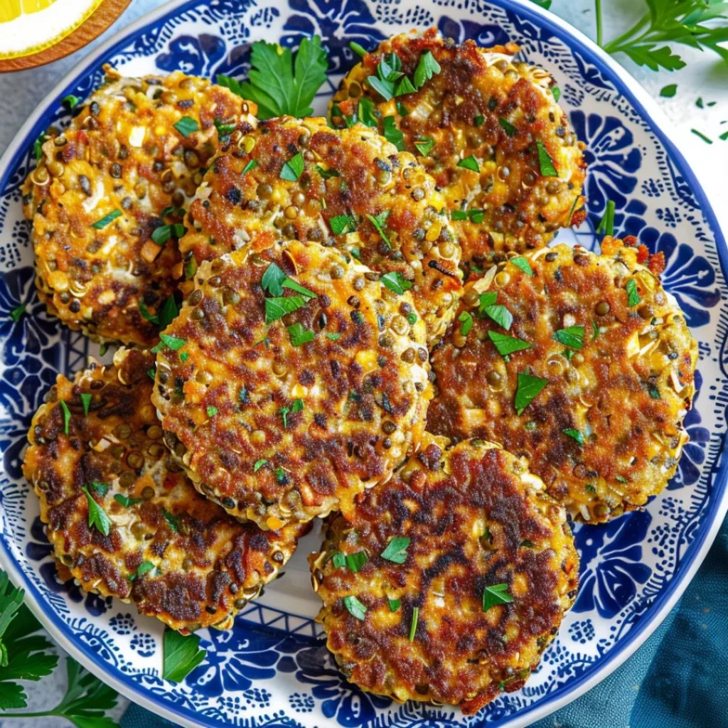 Delicious lentil sweet potato patties served on a plate with fresh vegetables.