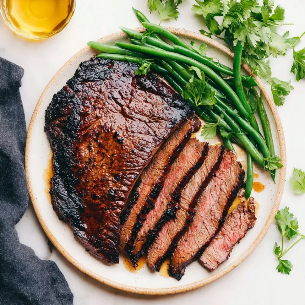 Juicy London Broil steak served with fresh herbs and side dishes