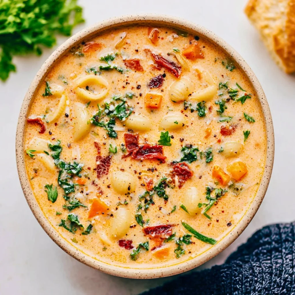 A bowl of Marry Me Chicken Soup garnished with fresh herbs.