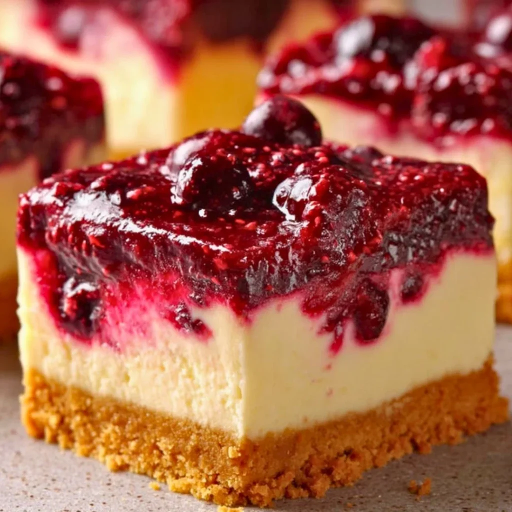No bake berry cheesecake bars topped with fresh berries on a plate