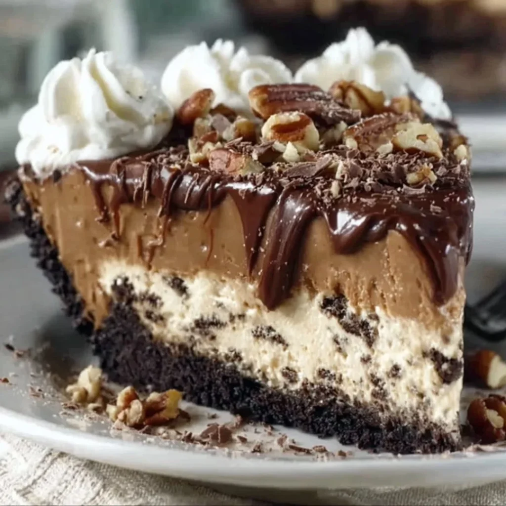No-bake German chocolate pie topped with rich chocolate and coconut.